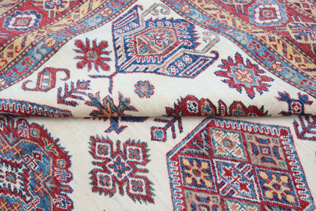 5.5x8 Beige Super Kazak Geometric Area Rug | Handmade Wool & Cotton Rug