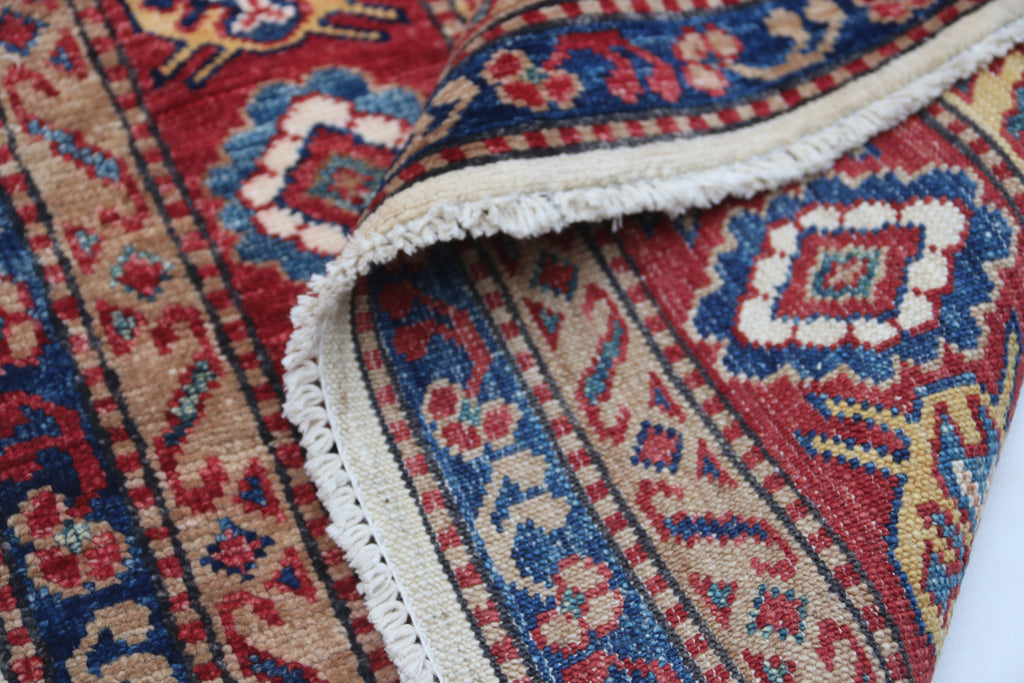 5.5x8 Beige Super Kazak Geometric Area Rug | Handmade Wool & Cotton Rug