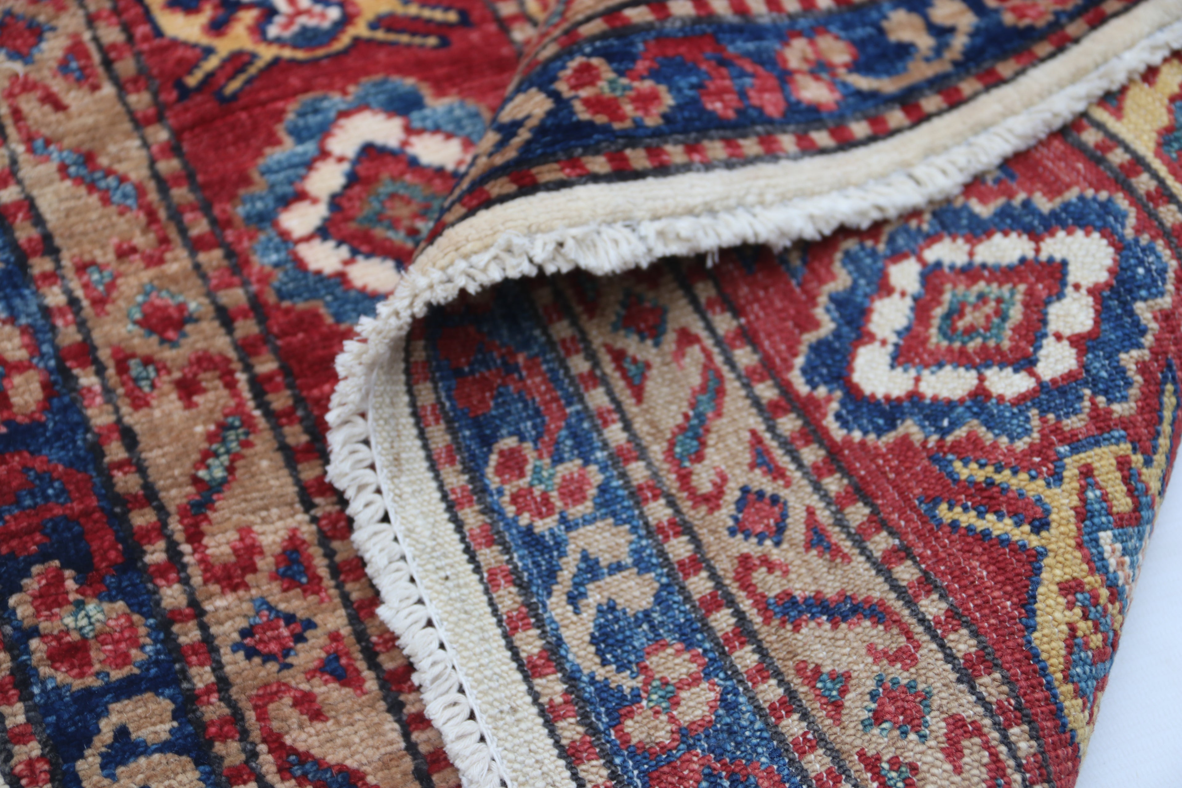 5.5x8 Beige Super Kazak Geometric Area Rug | Handmade Wool & Cotton Rug