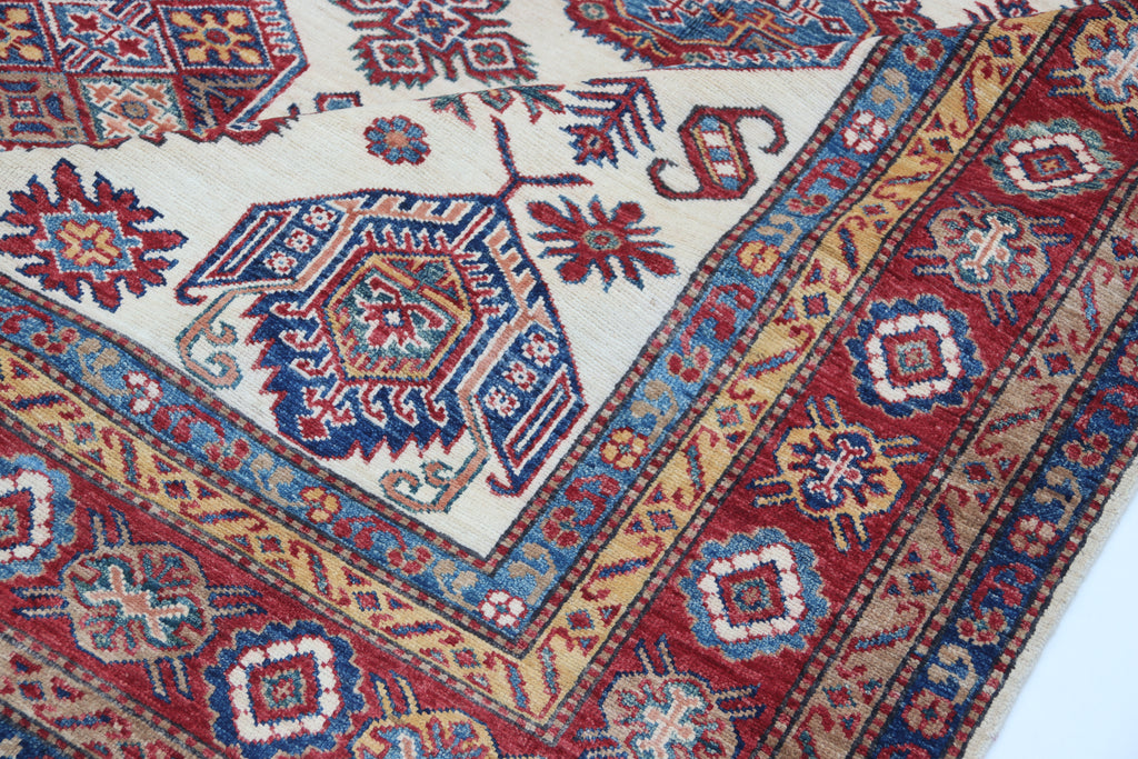 5.5x8 Beige Super Kazak Geometric Area Rug | Handmade Wool & Cotton Rug