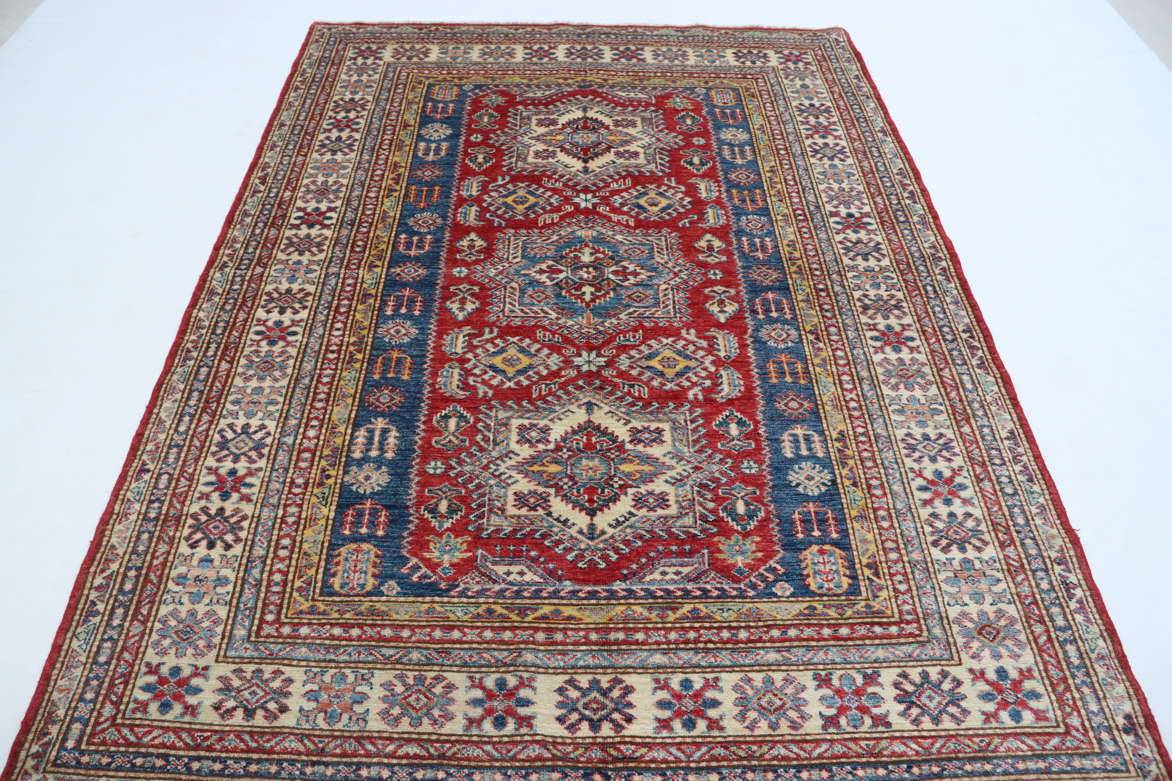 5x7 Red Super Kazak Geometric Handmade Cotton & Wool Rug | Premium Luxury Area Rug