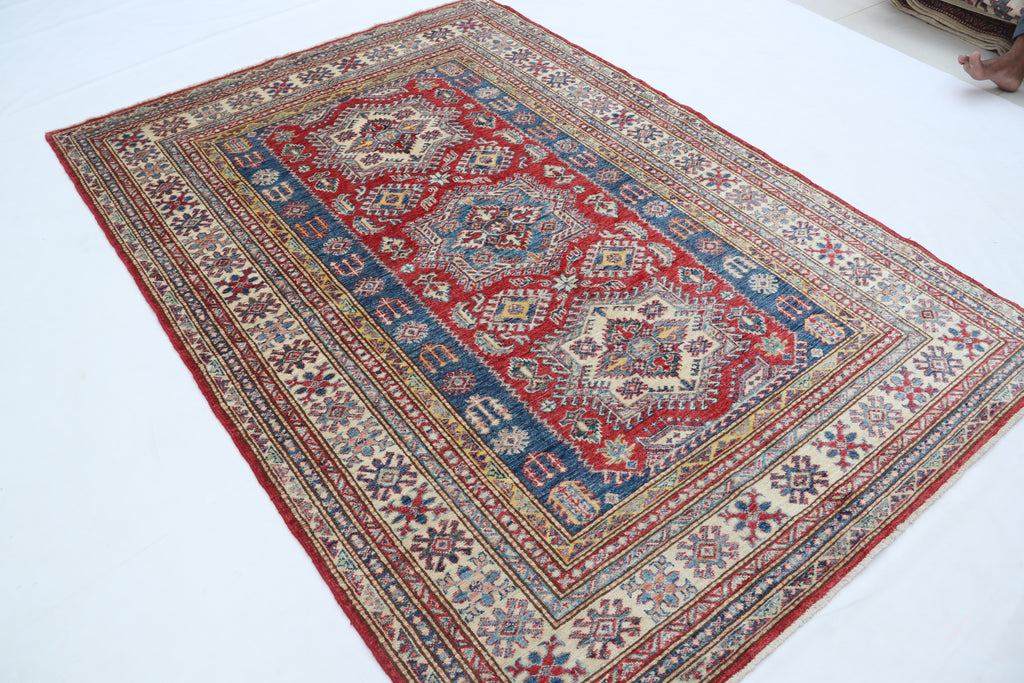 5x7 Red Super Kazak Geometric Handmade Cotton & Wool Rug | Premium Luxury Area Rug