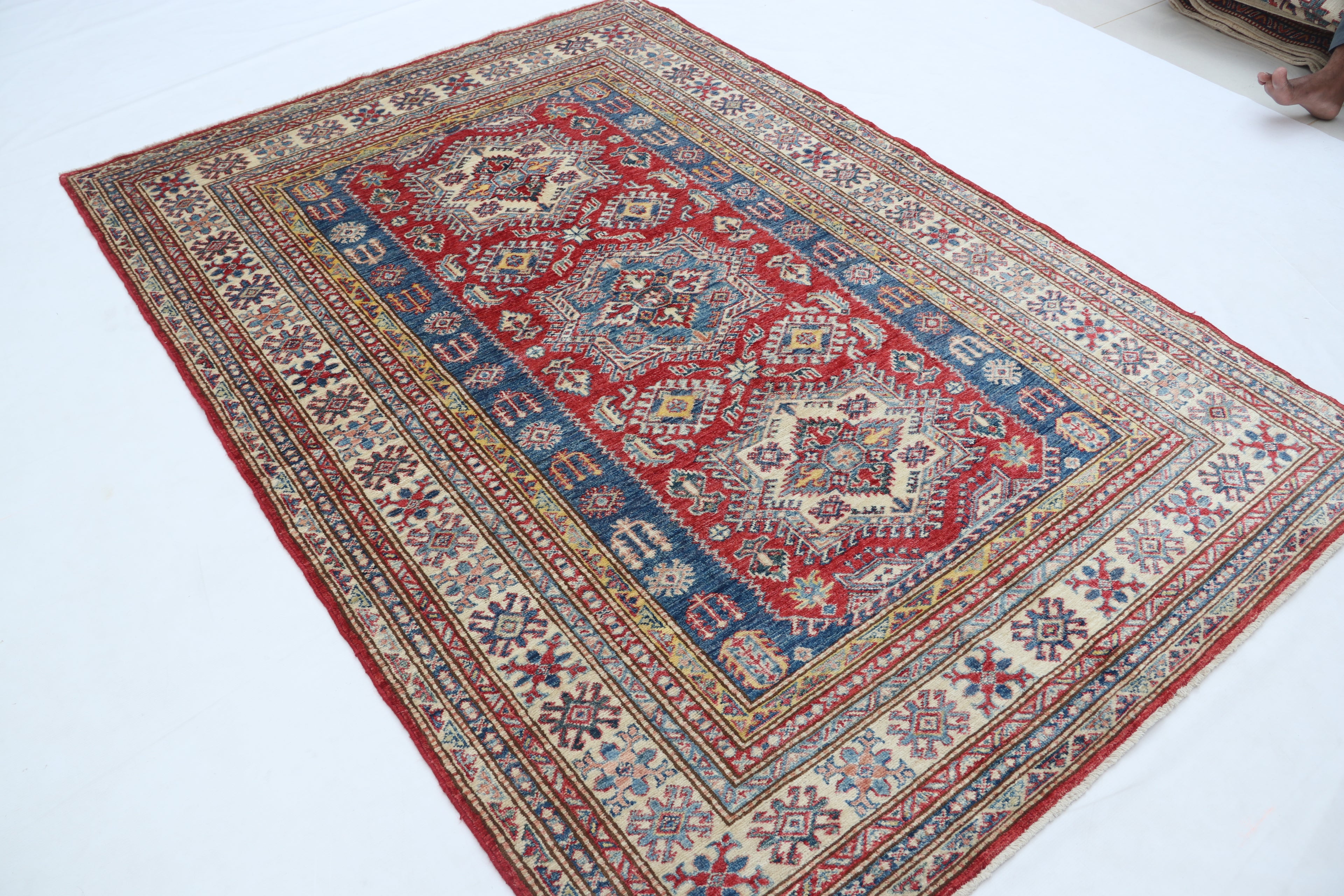5x7 Red Super Kazak Geometric Handmade Cotton & Wool Rug | Premium Luxury Area Rug