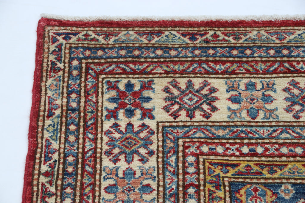 5x7 Red Super Kazak Geometric Handmade Cotton & Wool Rug | Premium Luxury Area Rug