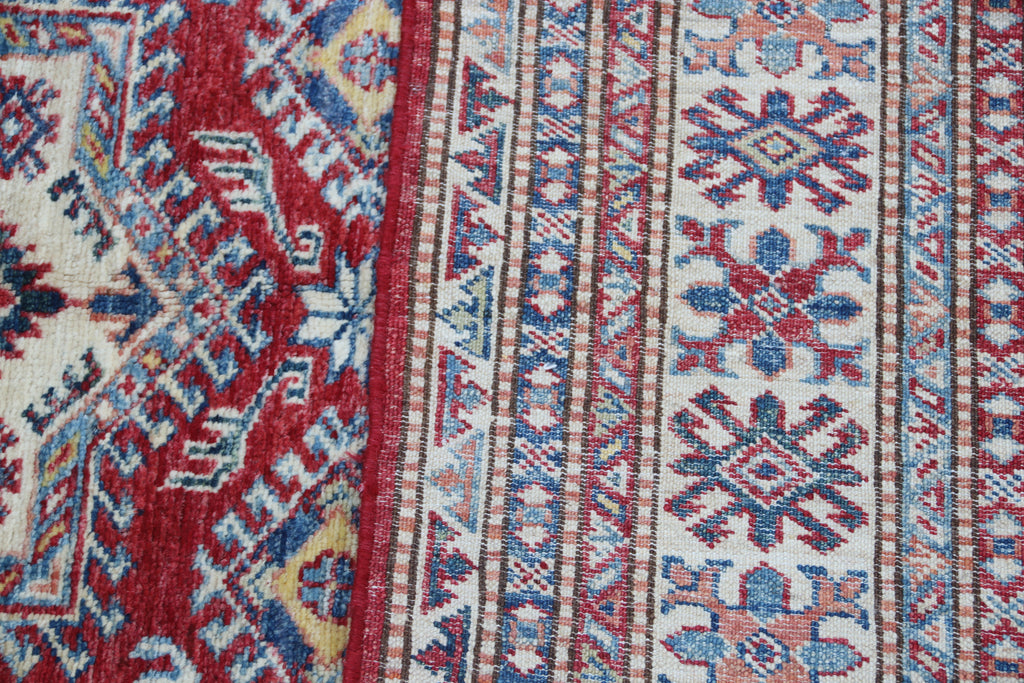 5x7 Red Super Kazak Geometric Handmade Cotton & Wool Rug | Premium Luxury Area Rug