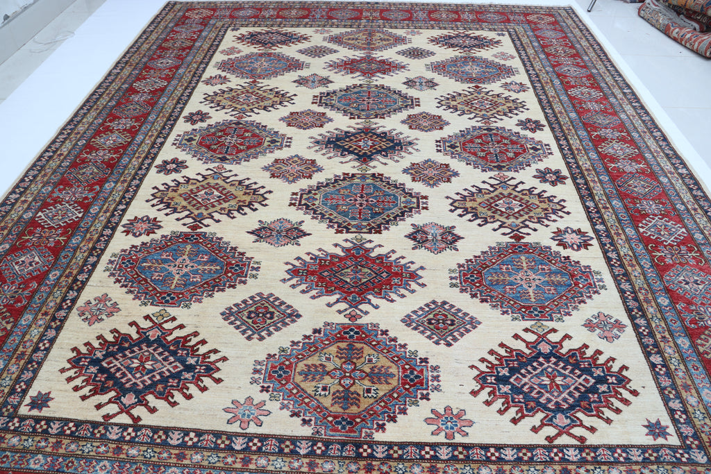 9x12 Beige Super Kazak Geometric Area Rug | Handmade Wool & Cotton Rug