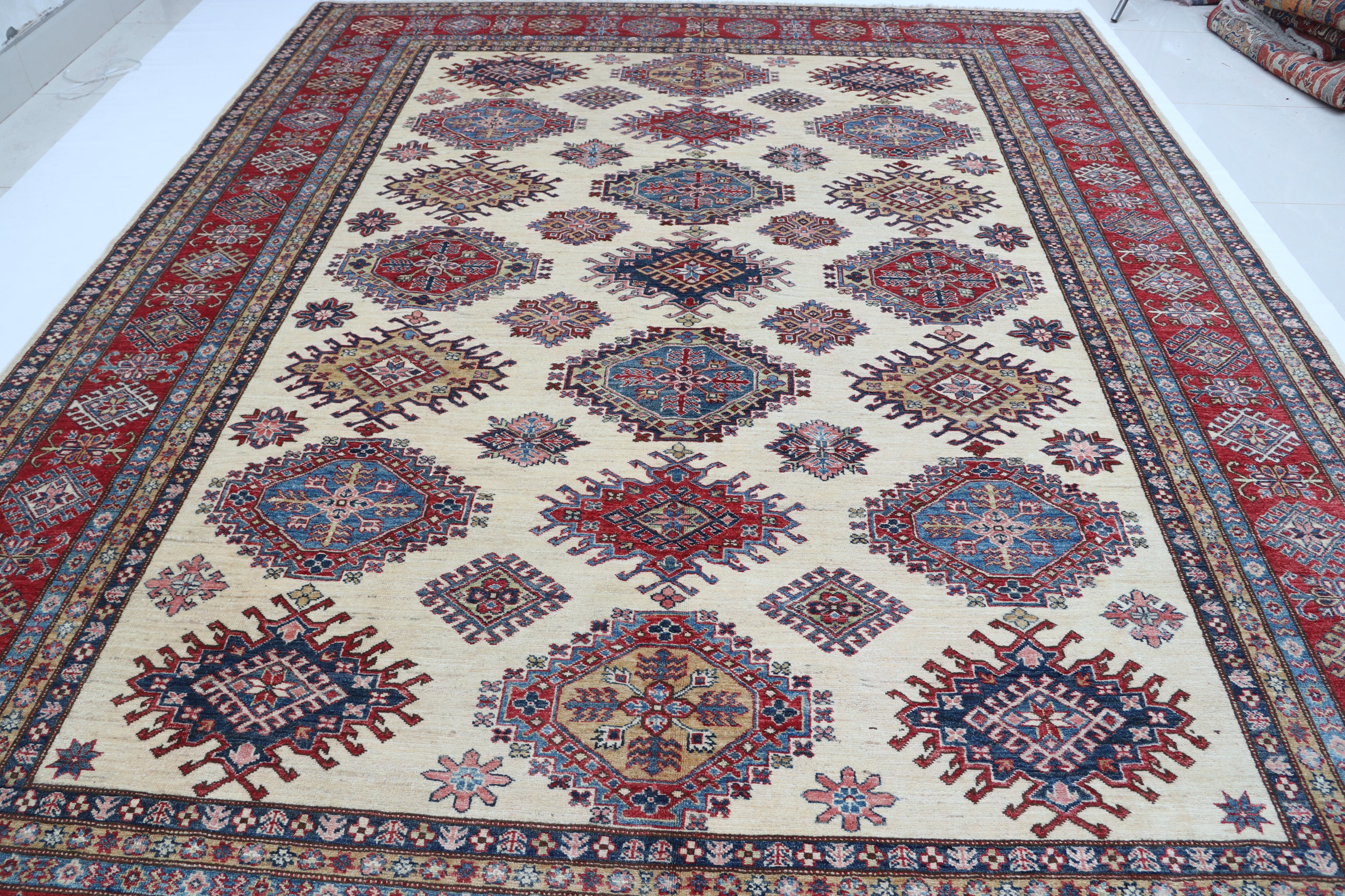 9x12 Beige Super Kazak Geometric Area Rug | Handmade Wool & Cotton Rug