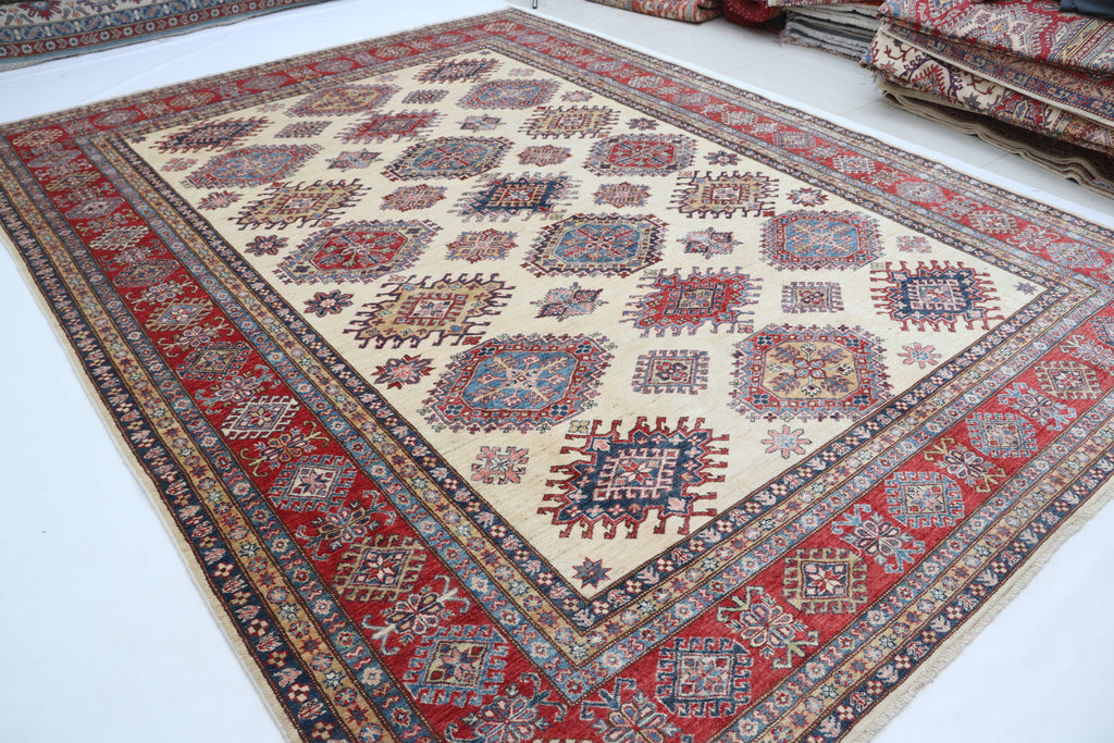 9x12 Beige Super Kazak Geometric Area Rug | Handmade Wool & Cotton Rug