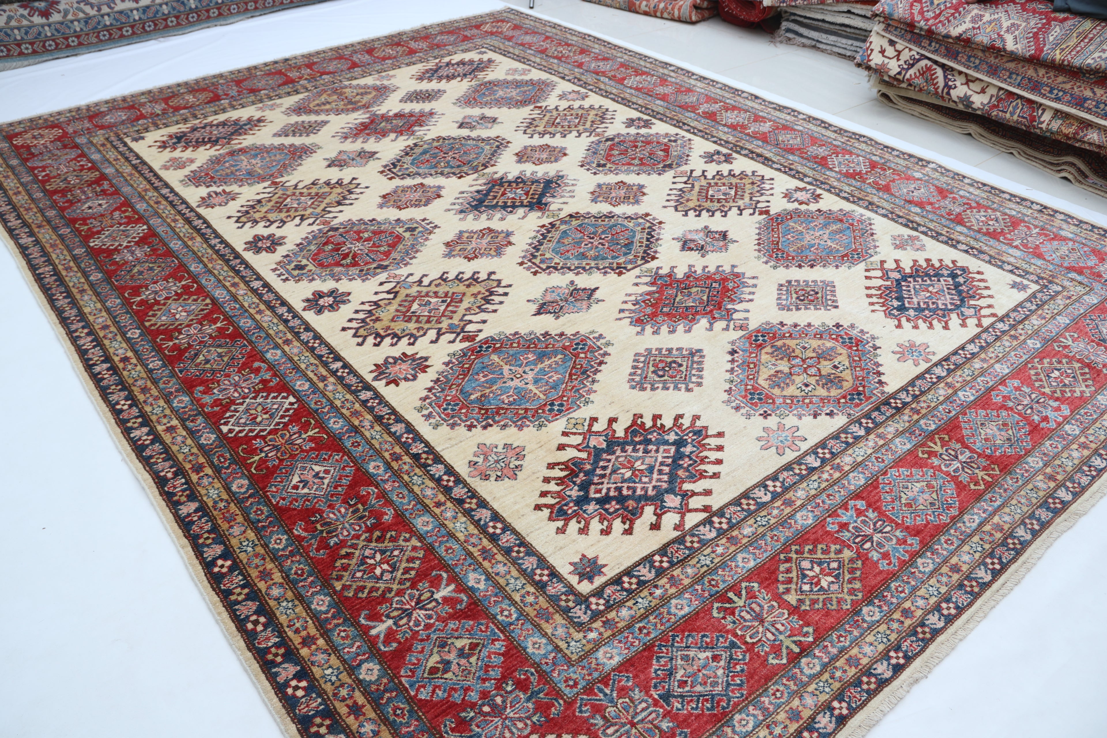 9x12 Beige Super Kazak Geometric Area Rug | Handmade Wool & Cotton Rug