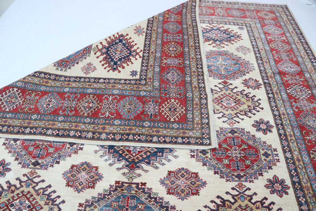 9x12 Beige Super Kazak Geometric Area Rug | Handmade Wool & Cotton Rug