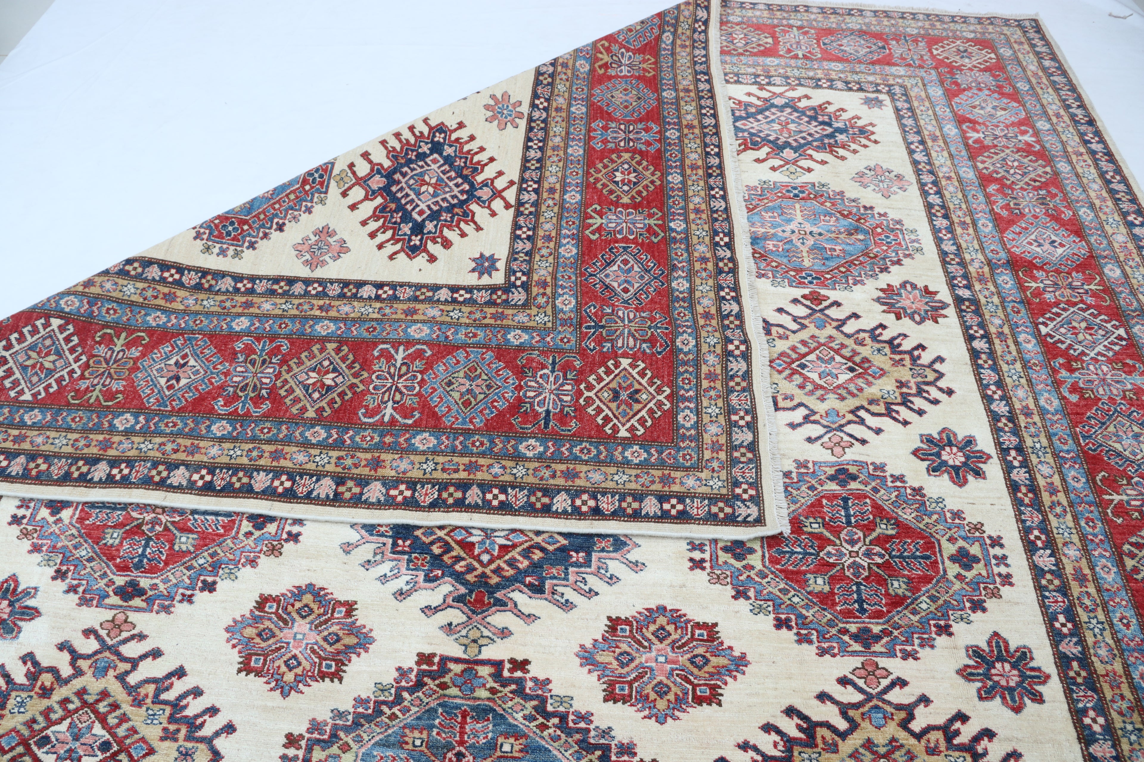9x12 Beige Super Kazak Geometric Area Rug | Handmade Wool & Cotton Rug