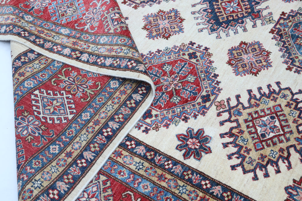 9x12 Beige Super Kazak Geometric Area Rug | Handmade Wool & Cotton Rug