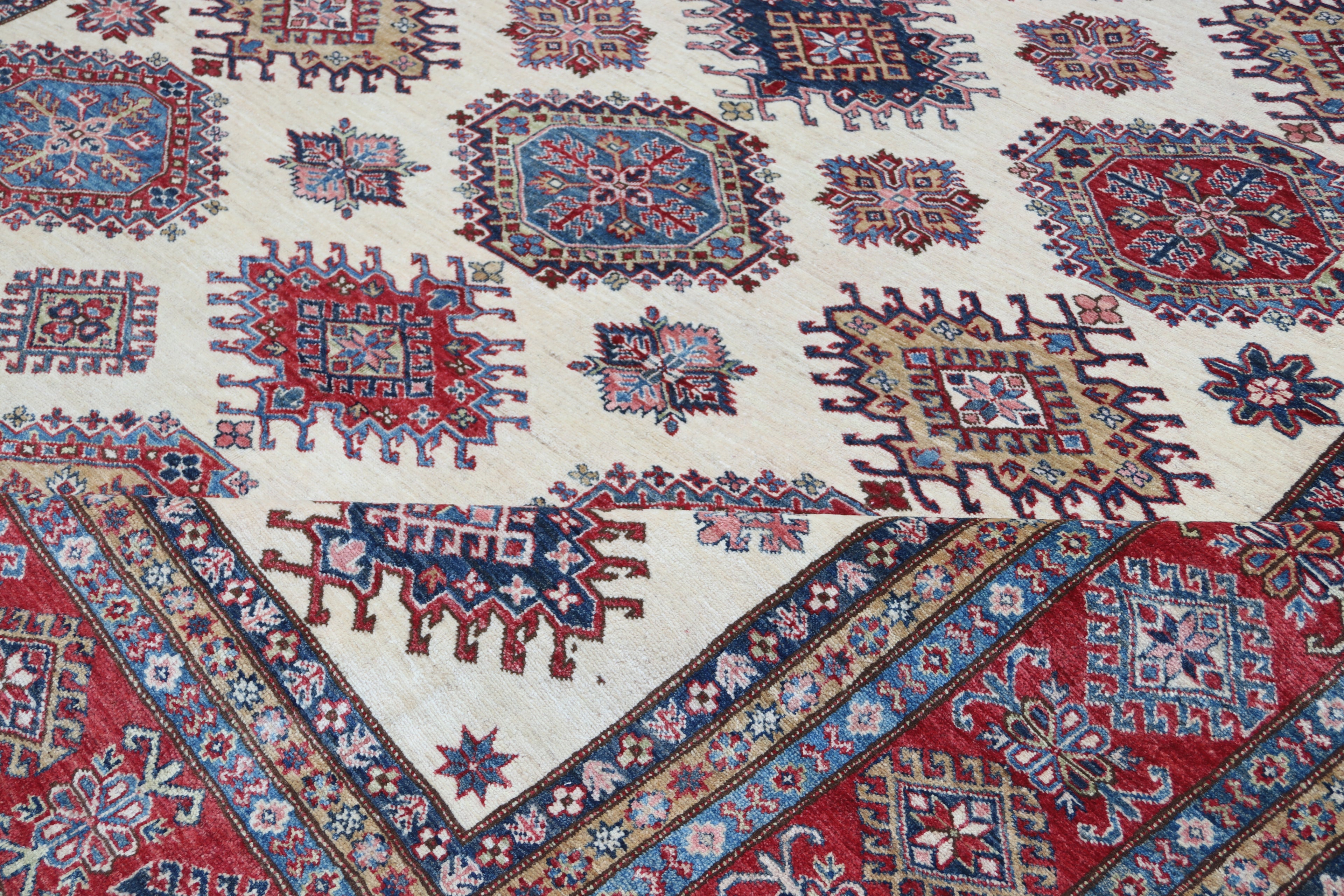 9x12 Beige Super Kazak Geometric Area Rug | Handmade Wool & Cotton Rug