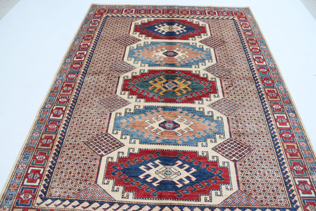 5.5x8 Beige Super Kazak Geometric Area Rug | Handmade Wool & Cotton Rug