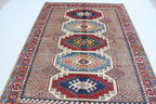 5.5x8 Beige Super Kazak Geometric Area Rug | Handmade Wool & Cotton Rug