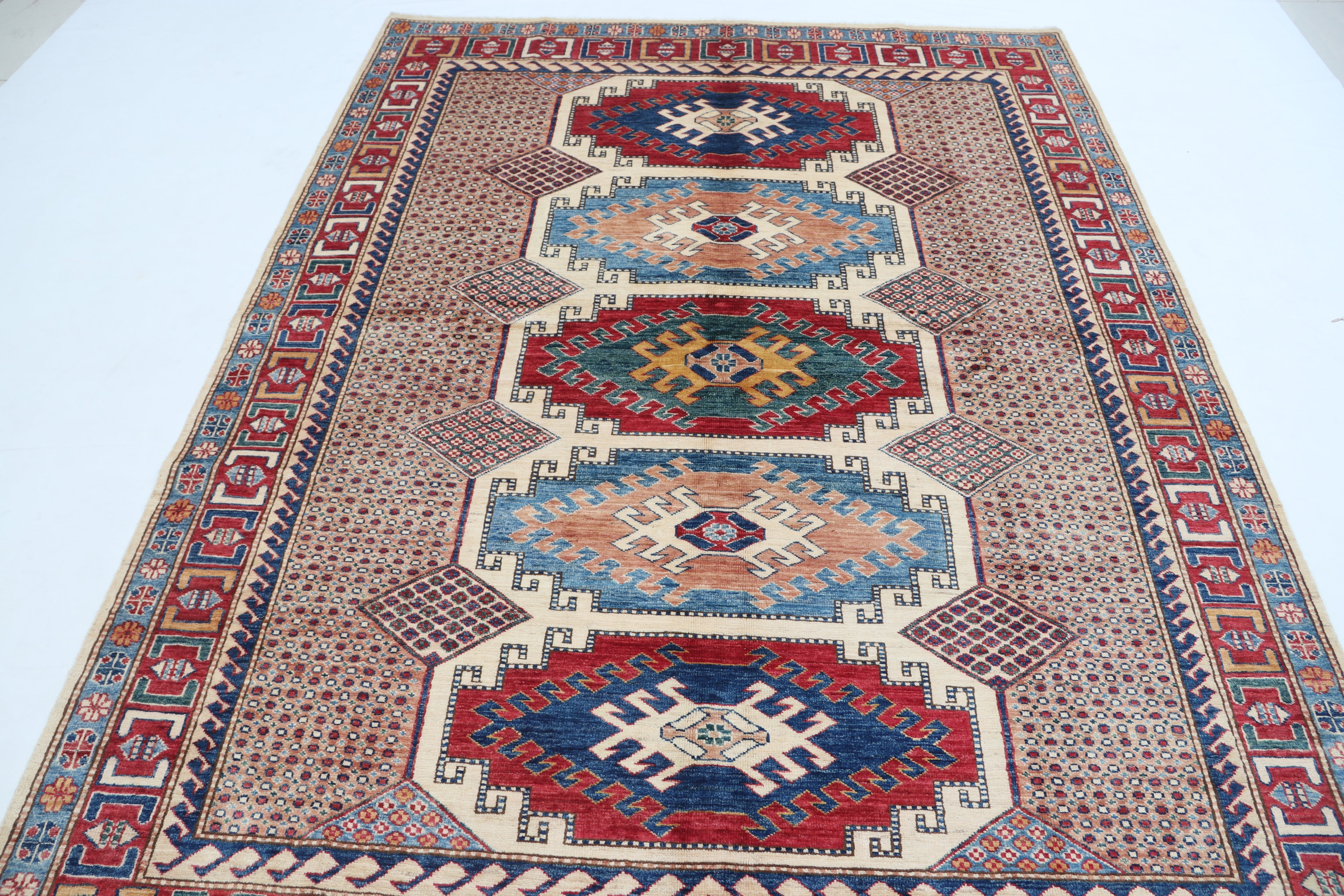 5.5x8 Beige Super Kazak Geometric Area Rug | Handmade Wool & Cotton Rug