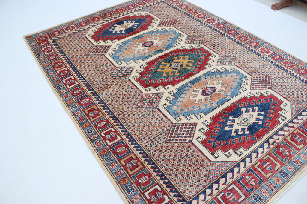 5.5x8 Beige Super Kazak Geometric Area Rug | Handmade Wool & Cotton Rug
