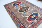 5.5x8 Beige Super Kazak Geometric Area Rug | Handmade Wool & Cotton Rug