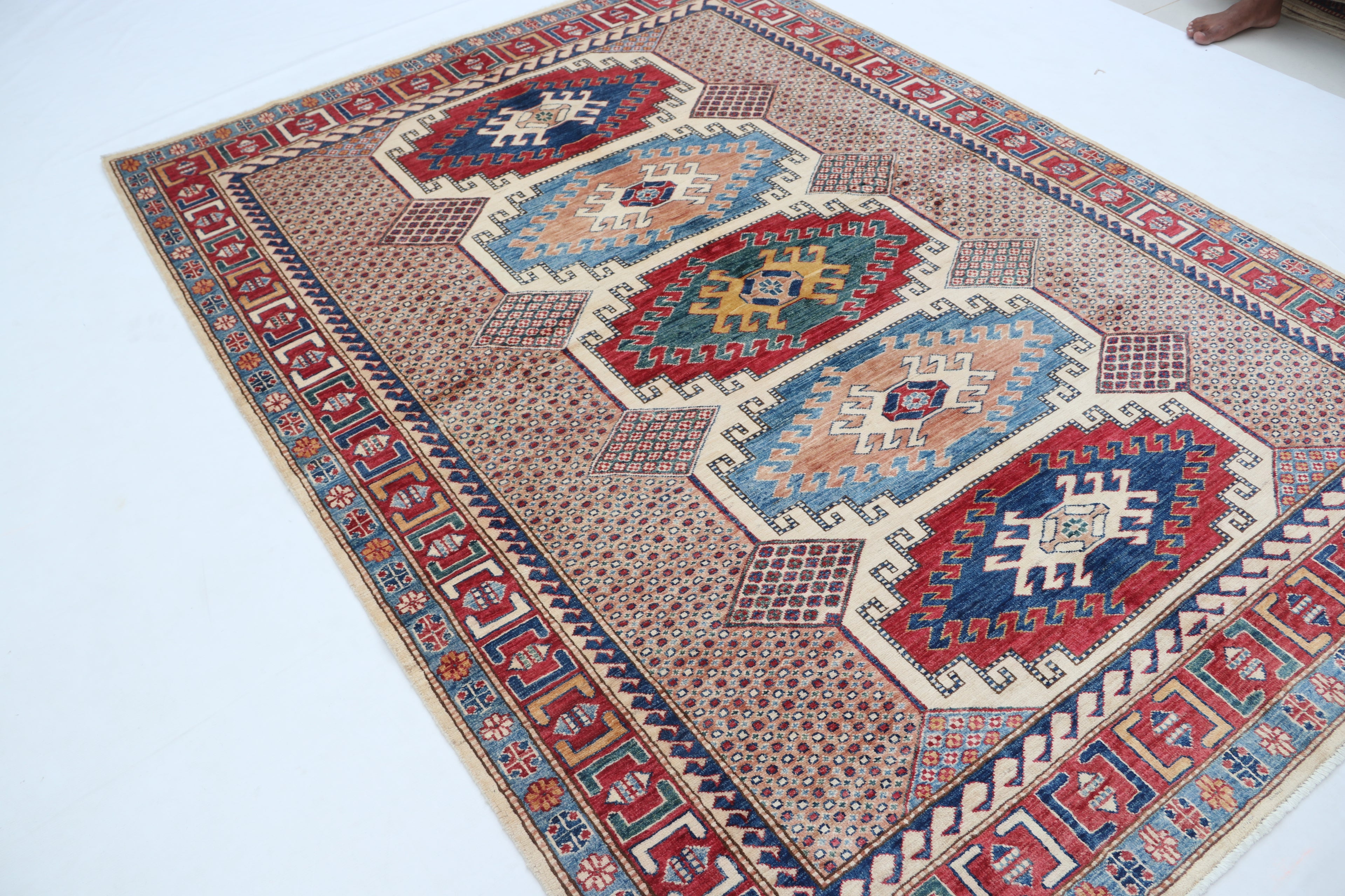 5.5x8 Beige Super Kazak Geometric Area Rug | Handmade Wool & Cotton Rug