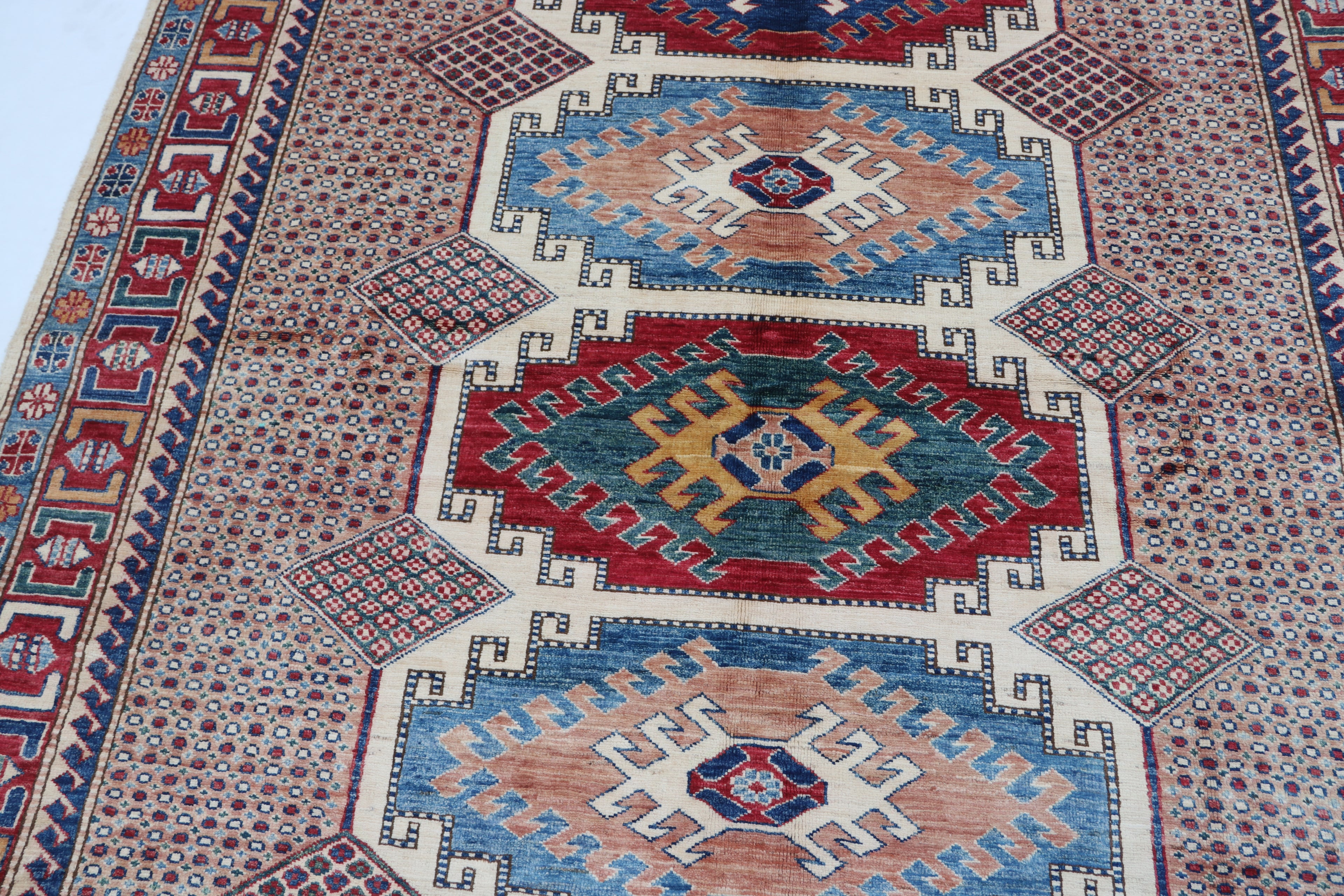 5.5x8 Beige Super Kazak Geometric Area Rug | Handmade Wool & Cotton Rug