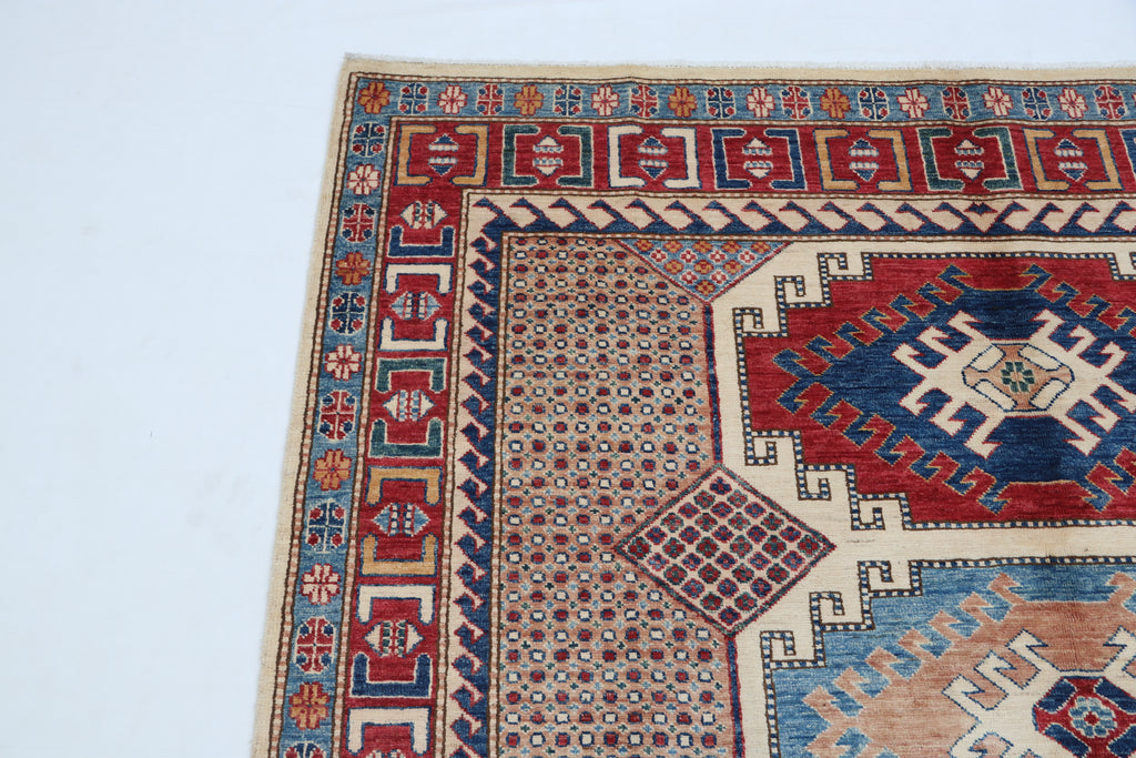 5.5x8 Beige Super Kazak Geometric Area Rug | Handmade Wool & Cotton Rug