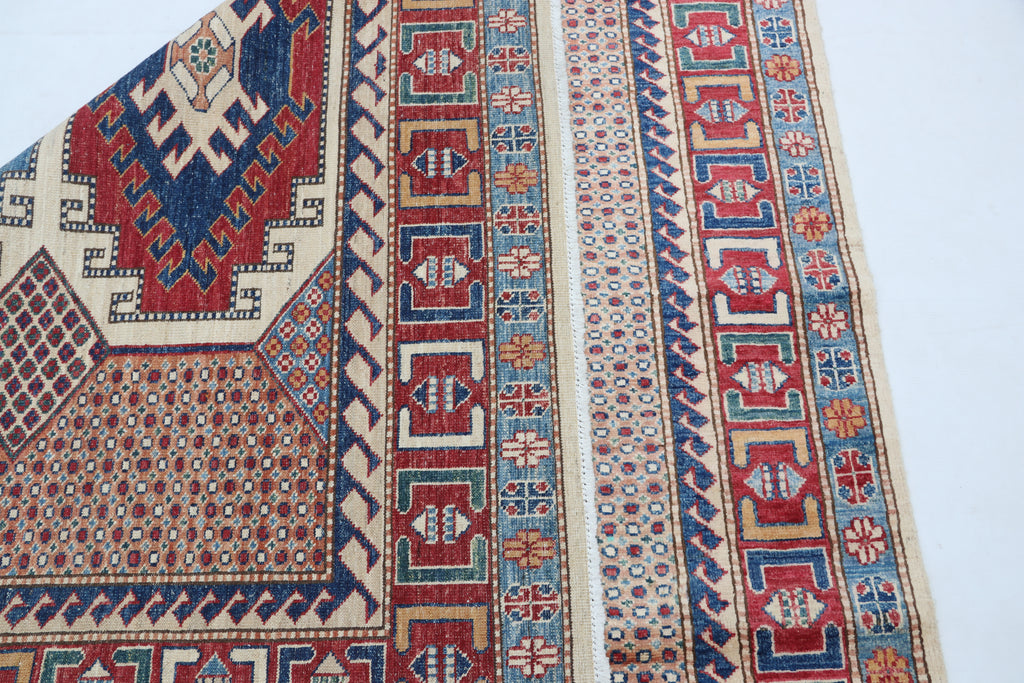 5.5x8 Beige Super Kazak Geometric Area Rug | Handmade Wool & Cotton Rug
