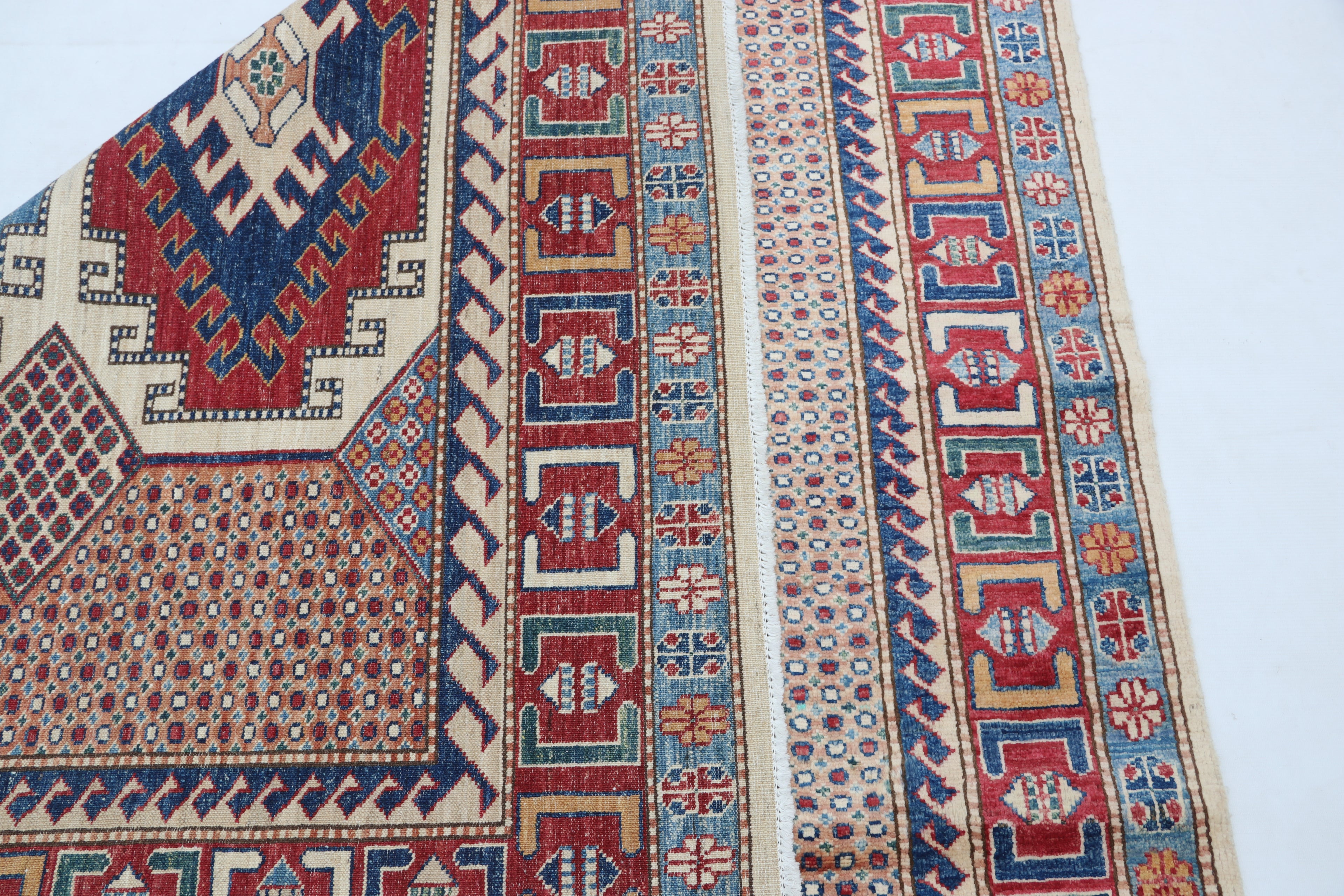 5.5x8 Beige Super Kazak Geometric Area Rug | Handmade Wool & Cotton Rug