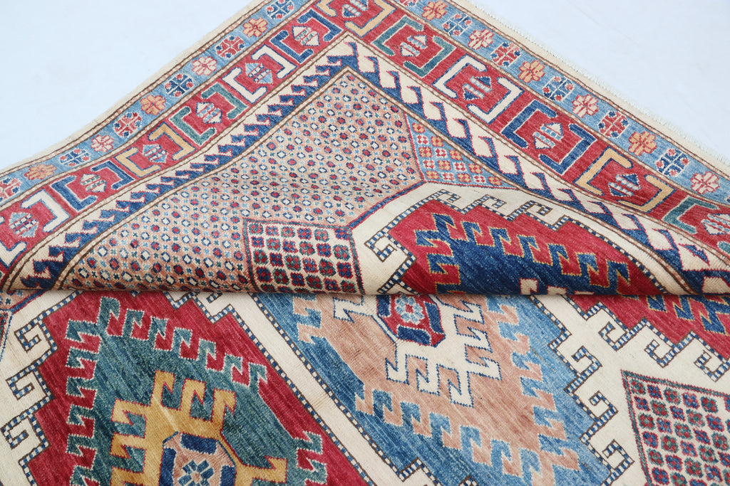 5.5x8 Beige Super Kazak Geometric Area Rug | Handmade Wool & Cotton Rug