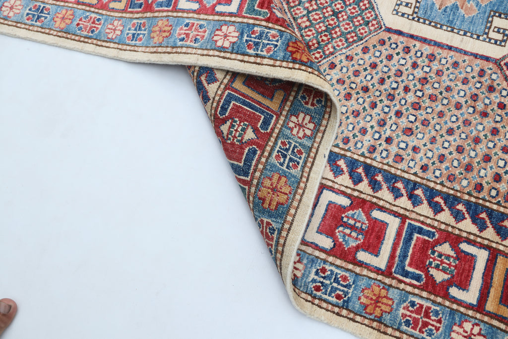 5.5x8 Beige Super Kazak Geometric Area Rug | Handmade Wool & Cotton Rug