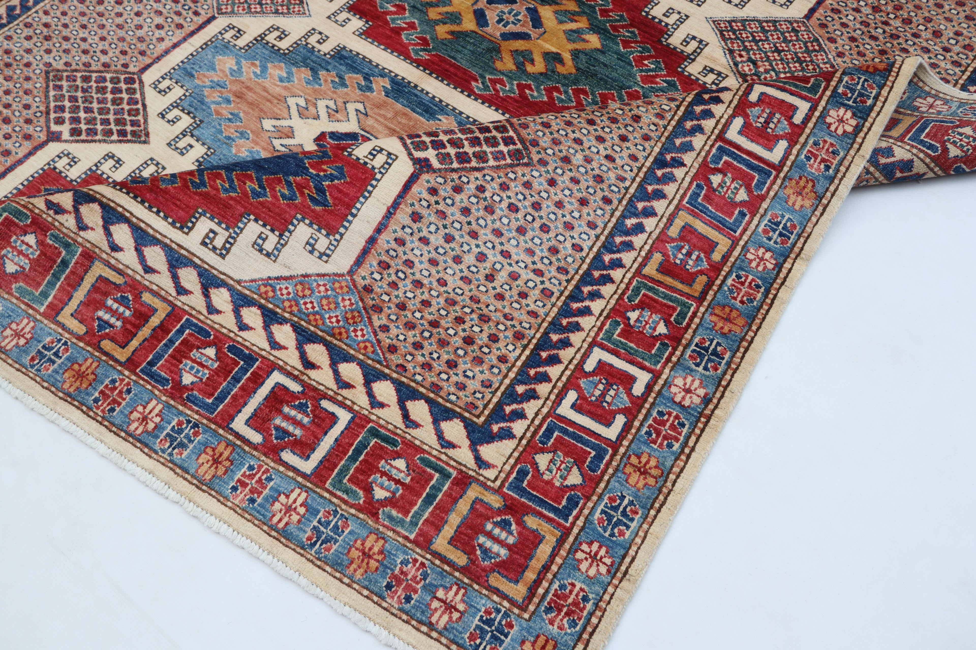 5.5x8 Beige Super Kazak Geometric Area Rug | Handmade Wool & Cotton Rug