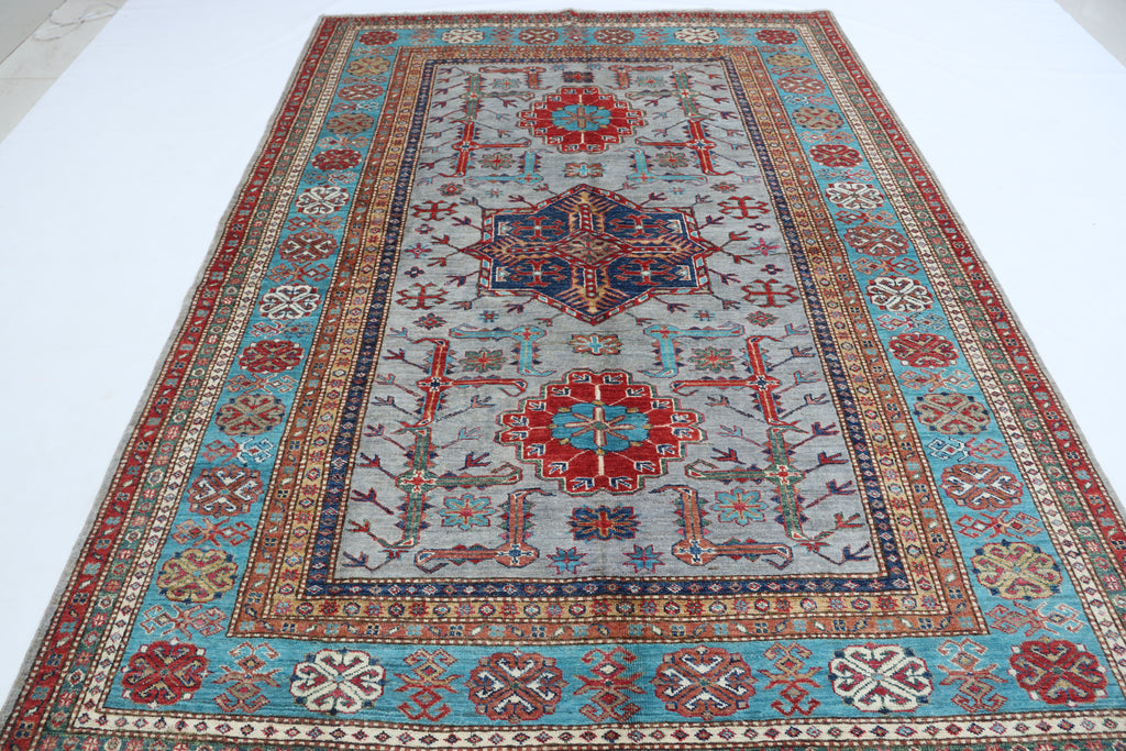 5.5x8 Gray Super Kazak Geometric Area Rug | Handmade Wool & Cotton Rug