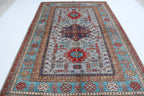 5.5x8 Gray Super Kazak Geometric Area Rug | Handmade Wool & Cotton Rug
