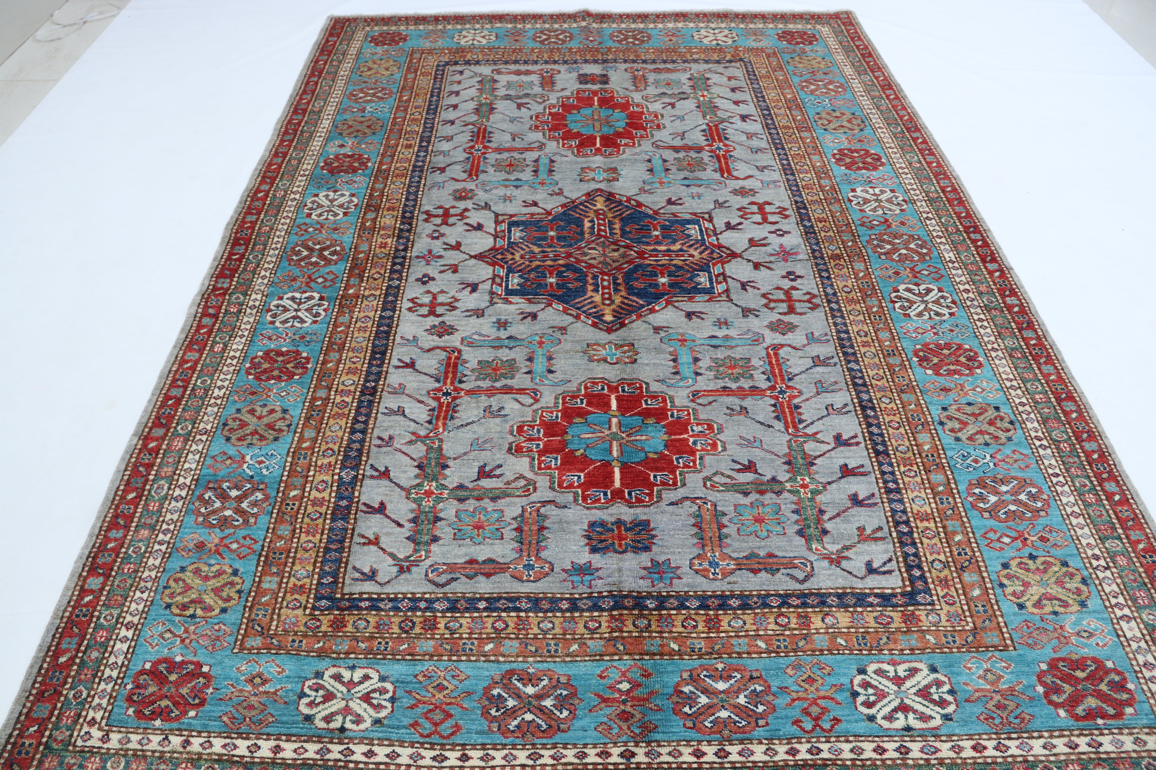 5.5x8 Gray Super Kazak Geometric Area Rug | Handmade Wool & Cotton Rug