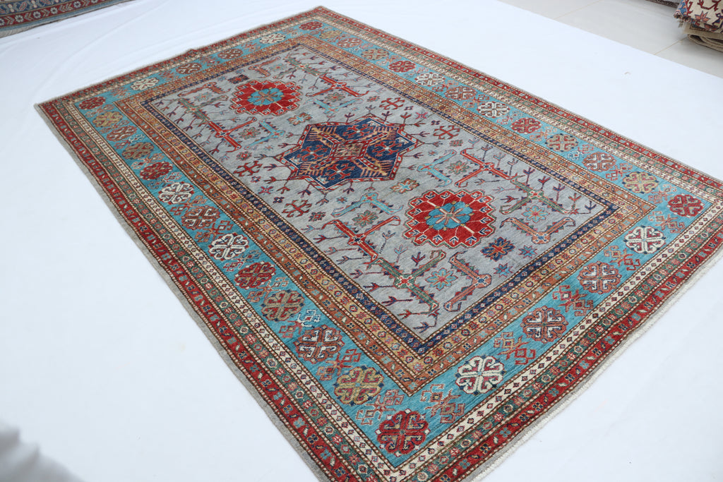 5.5x8 Gray Super Kazak Geometric Area Rug | Handmade Wool & Cotton Rug