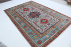 5.5x8 Gray Super Kazak Geometric Area Rug | Handmade Wool & Cotton Rug