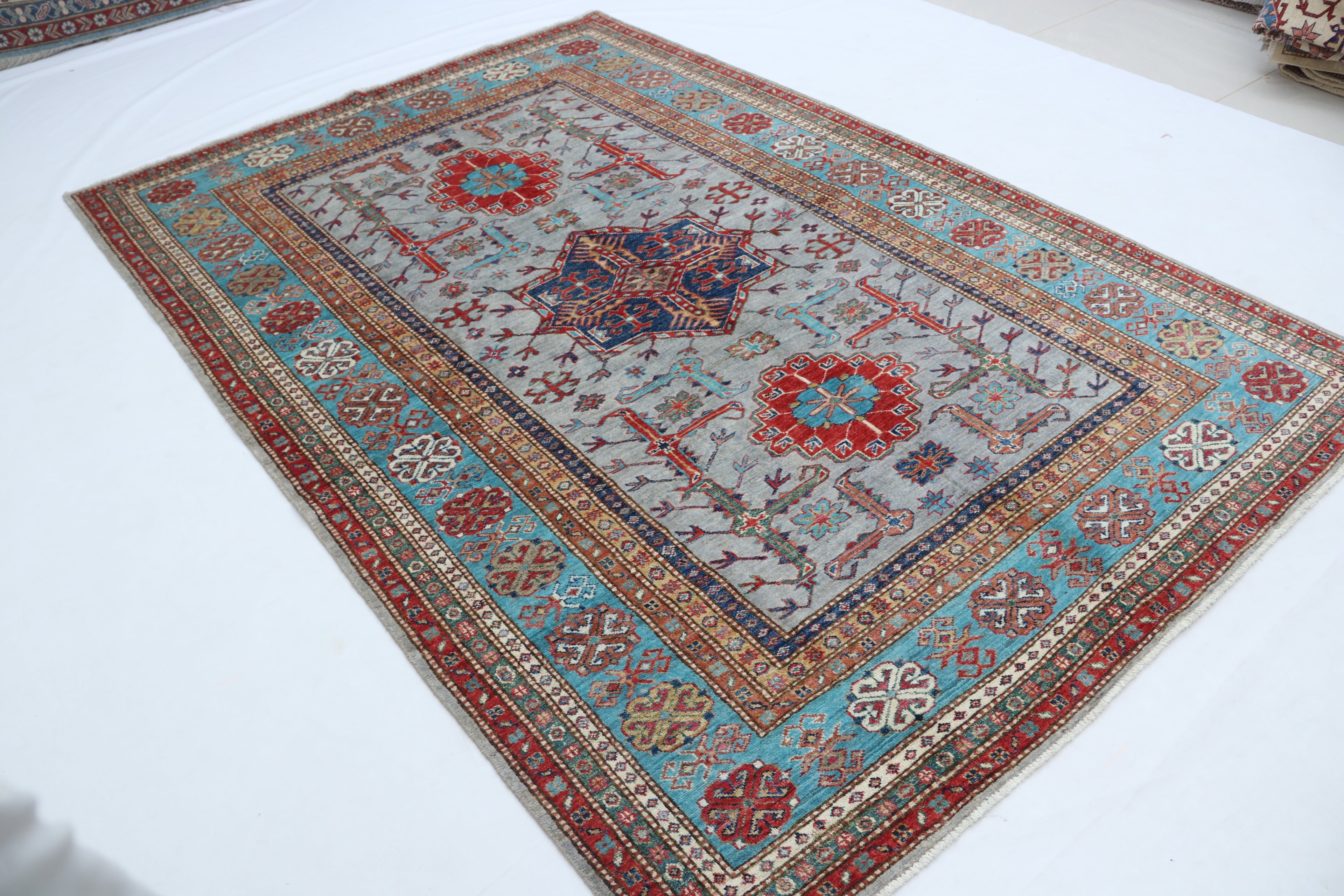 5.5x8 Gray Super Kazak Geometric Area Rug | Handmade Wool & Cotton Rug