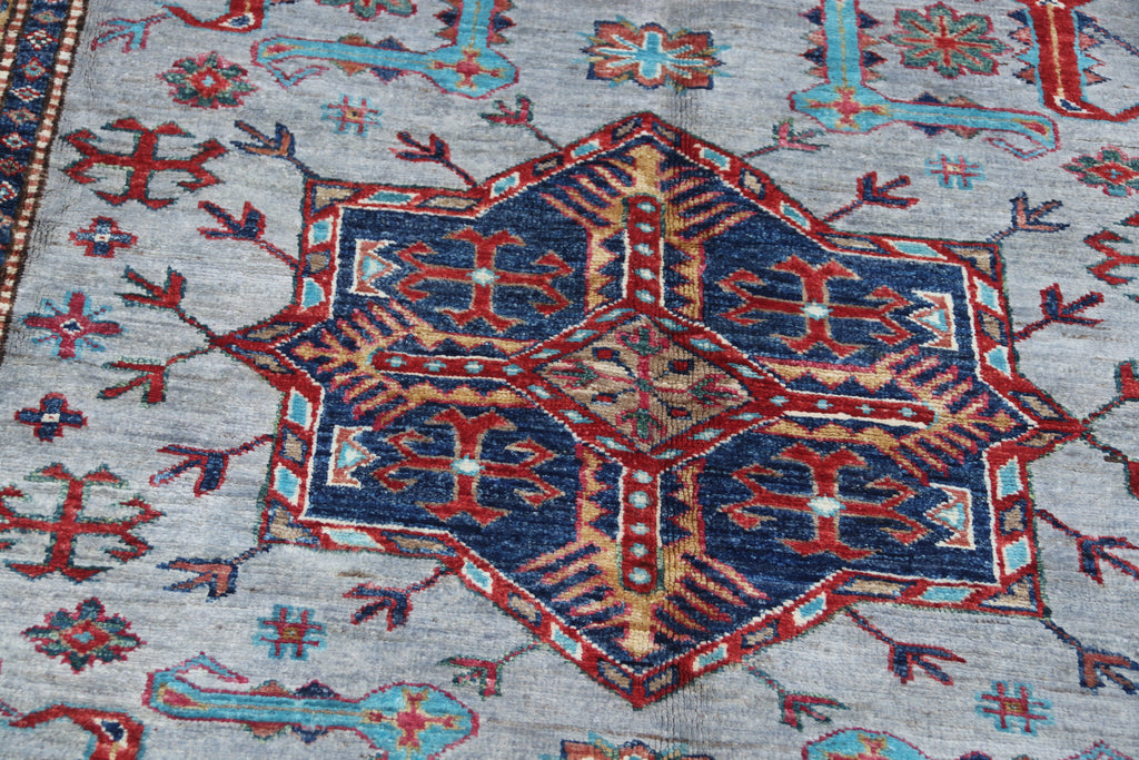 5.5x8 Gray Super Kazak Geometric Area Rug | Handmade Wool & Cotton Rug