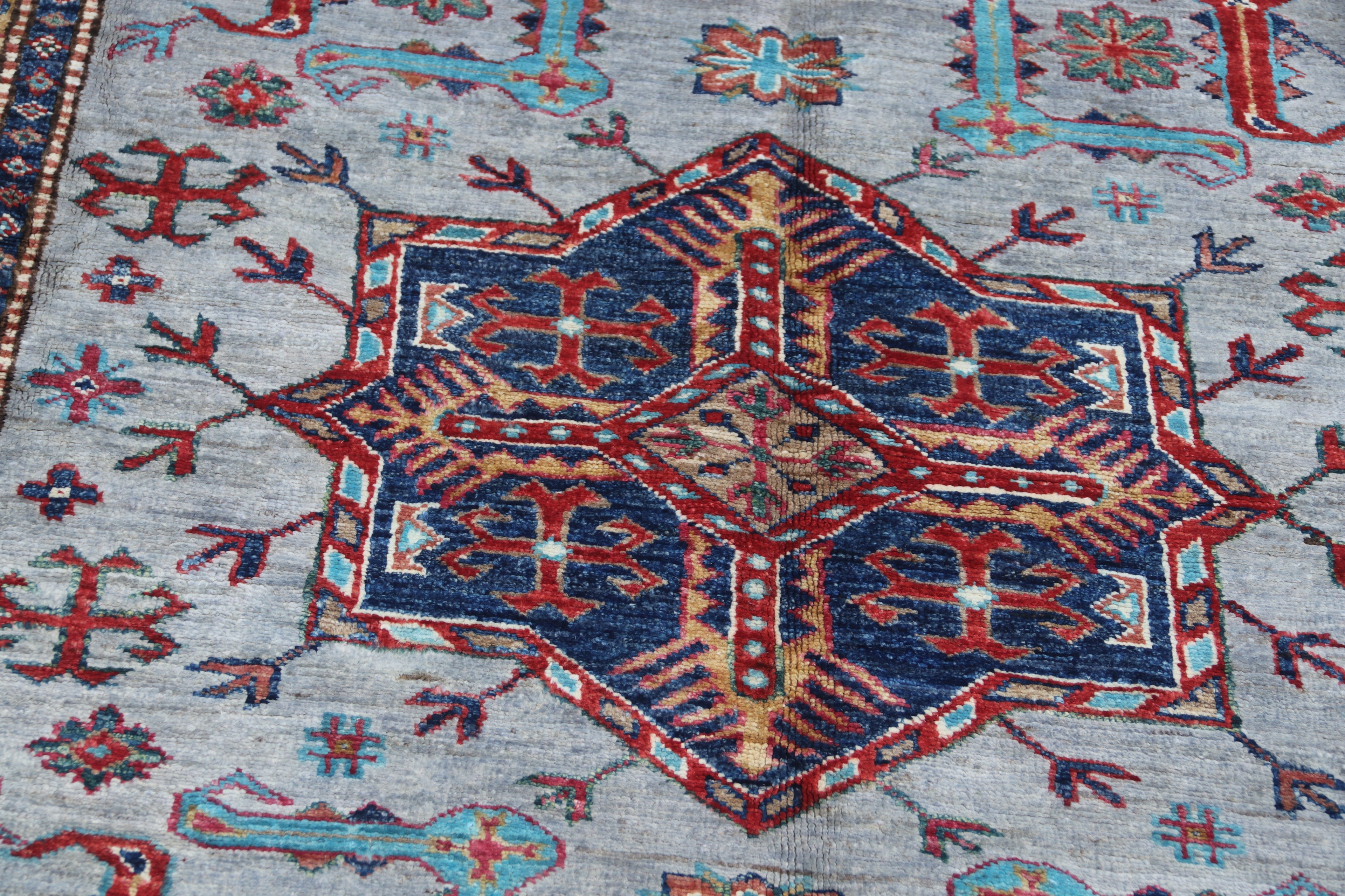 5.5x8 Gray Super Kazak Geometric Area Rug | Handmade Wool & Cotton Rug