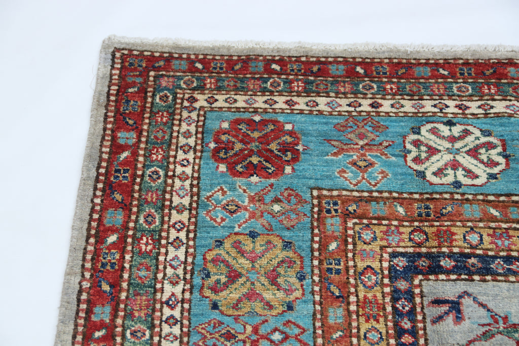 5.5x8 Gray Super Kazak Geometric Area Rug | Handmade Wool & Cotton Rug