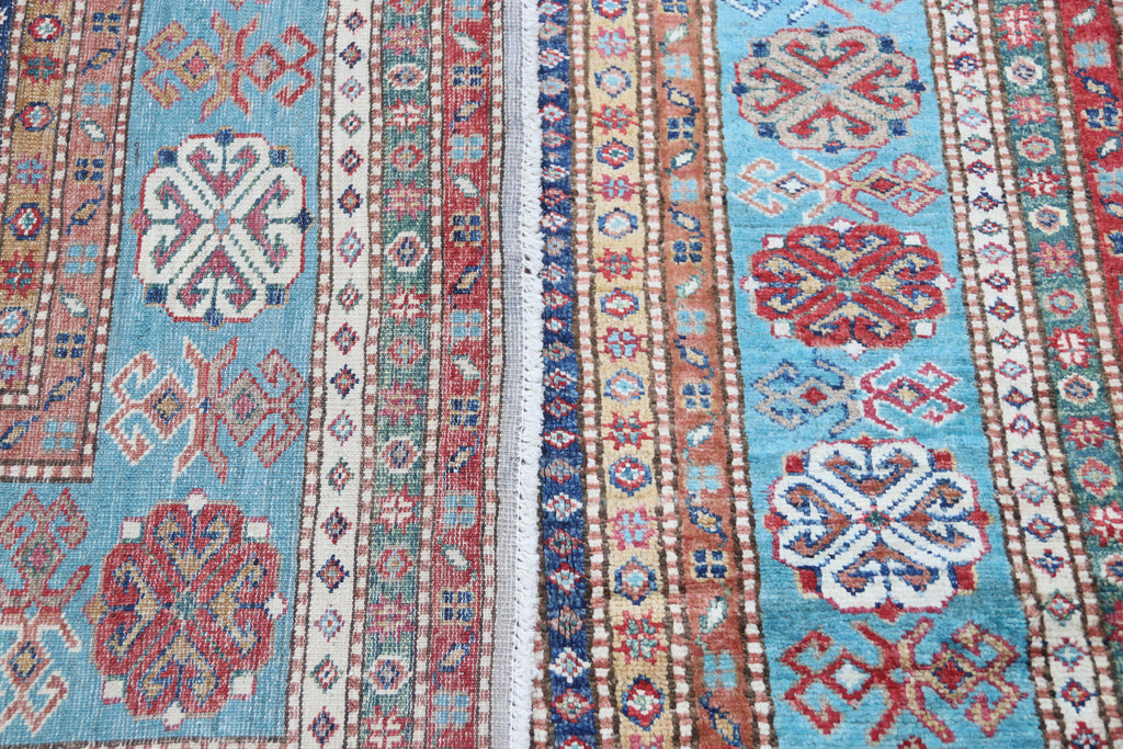 5.5x8 Gray Super Kazak Geometric Area Rug | Handmade Wool & Cotton Rug