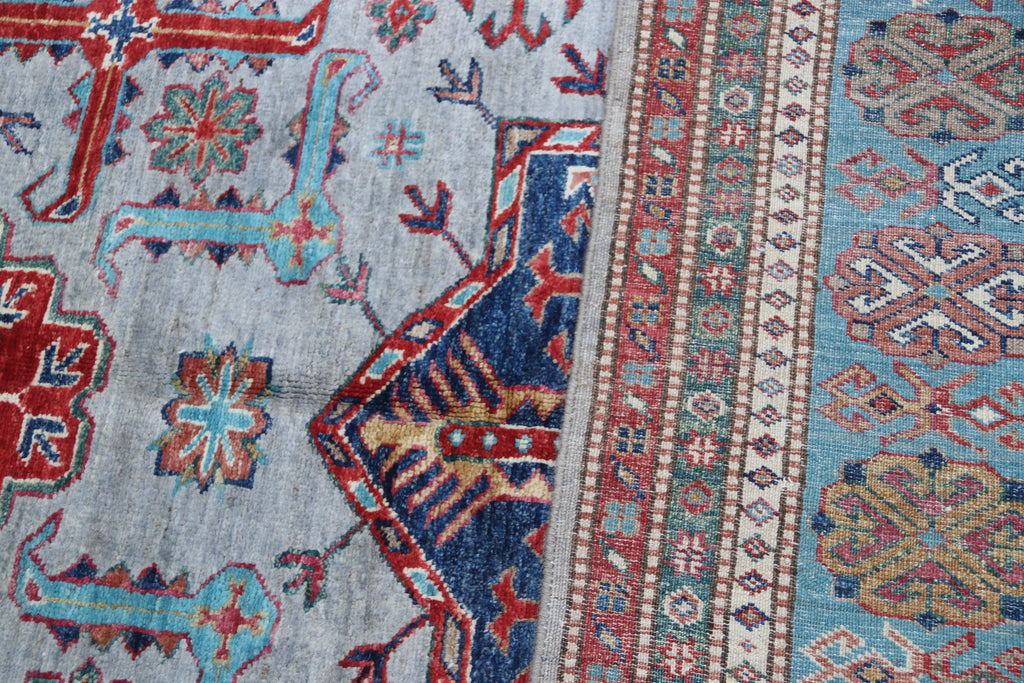 5.5x8 Gray Super Kazak Geometric Area Rug | Handmade Wool & Cotton Rug