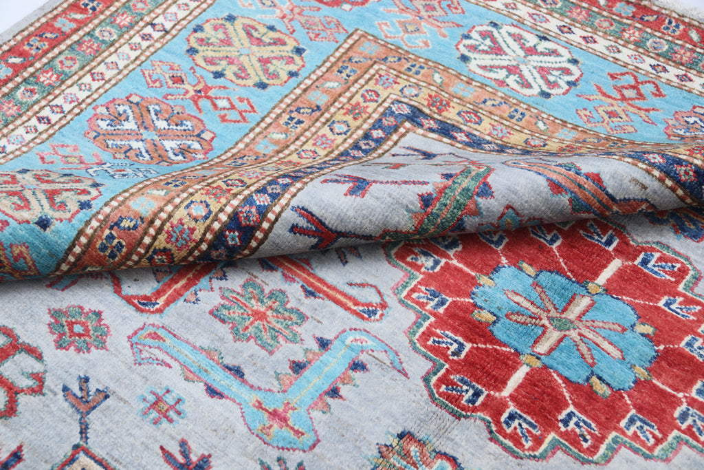 5.5x8 Gray Super Kazak Geometric Area Rug | Handmade Wool & Cotton Rug