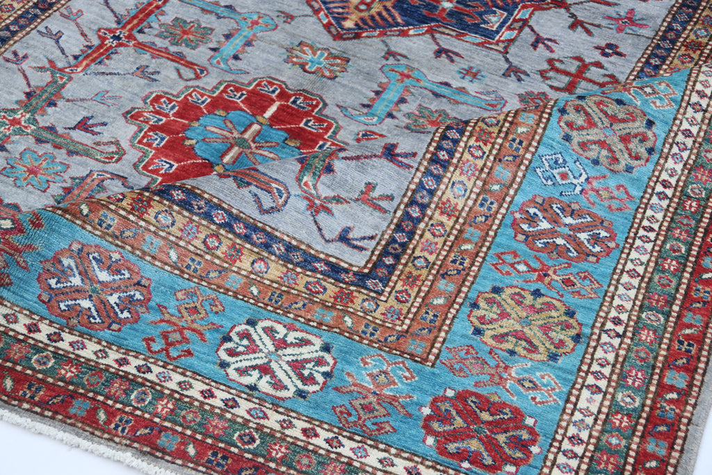 5.5x8 Gray Super Kazak Geometric Area Rug | Handmade Wool & Cotton Rug