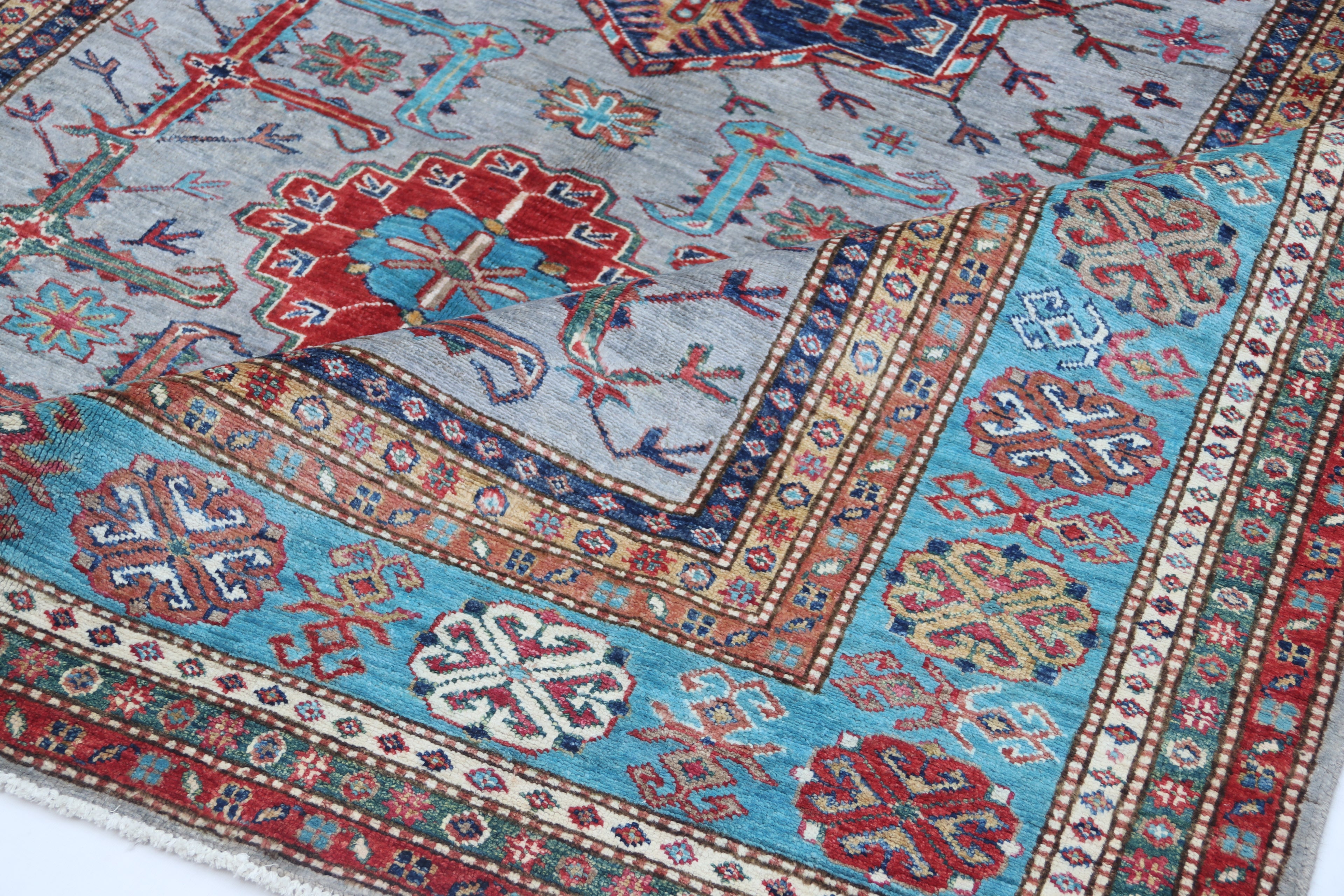 5.5x8 Gray Super Kazak Geometric Area Rug | Handmade Wool & Cotton Rug