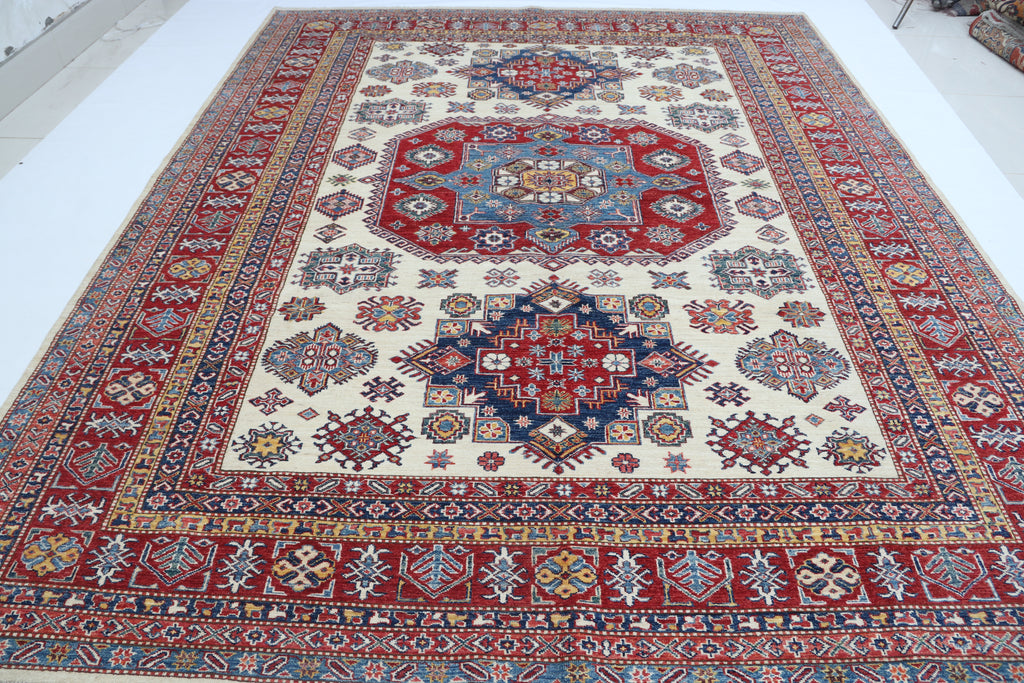 8x10 Beige Super Kazak Geometric Area Rug | Handmade Wool & Cotton Rug