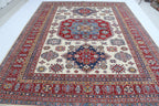 8x10 Beige Super Kazak Geometric Area Rug | Handmade Wool & Cotton Rug