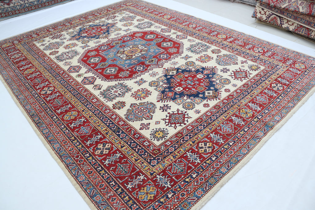 8x10 Beige Super Kazak Geometric Area Rug | Handmade Wool & Cotton Rug