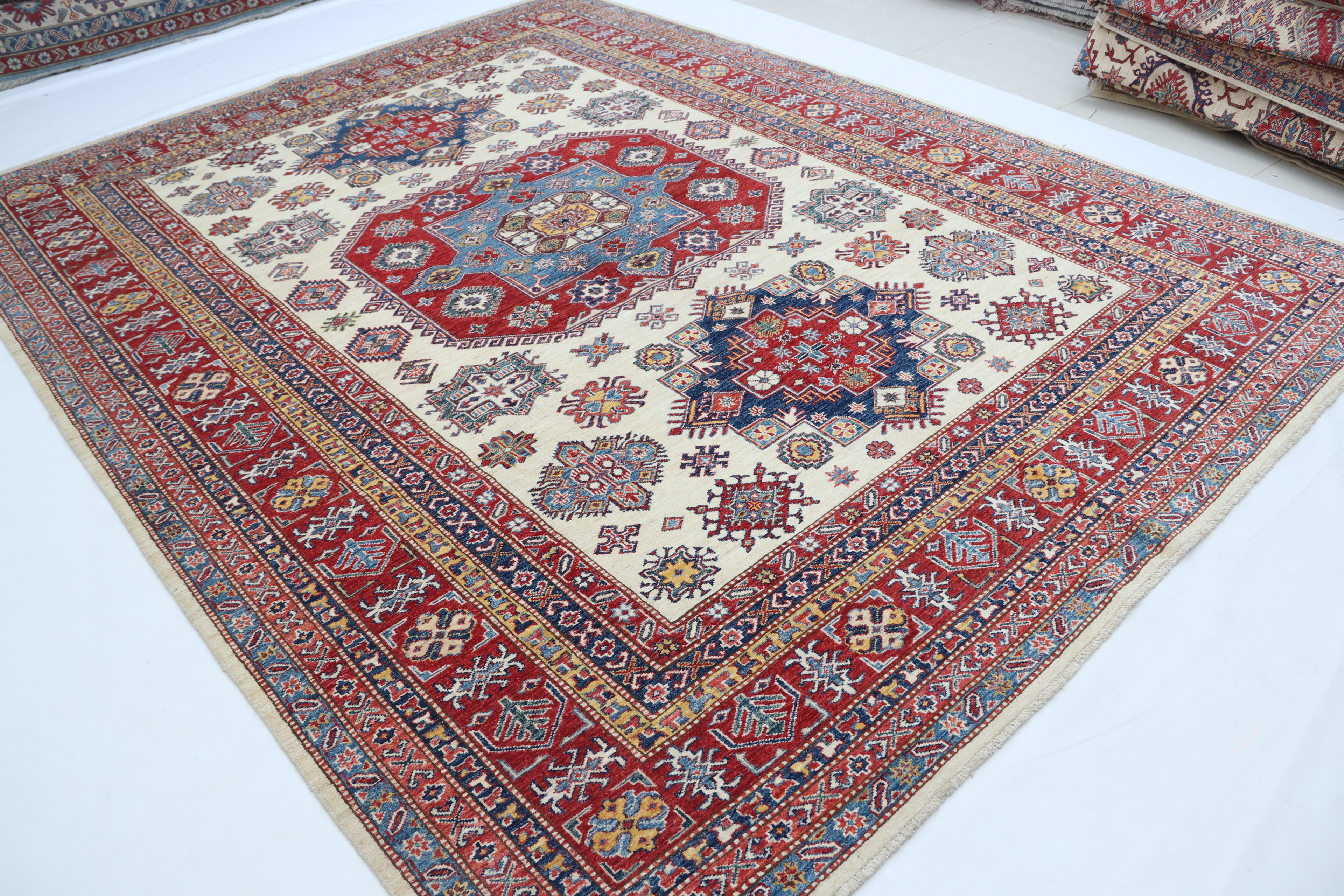 8x10 Beige Super Kazak Geometric Area Rug | Handmade Wool & Cotton Rug
