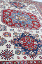 8x10 Beige Super Kazak Geometric Area Rug | Handmade Wool & Cotton Rug
