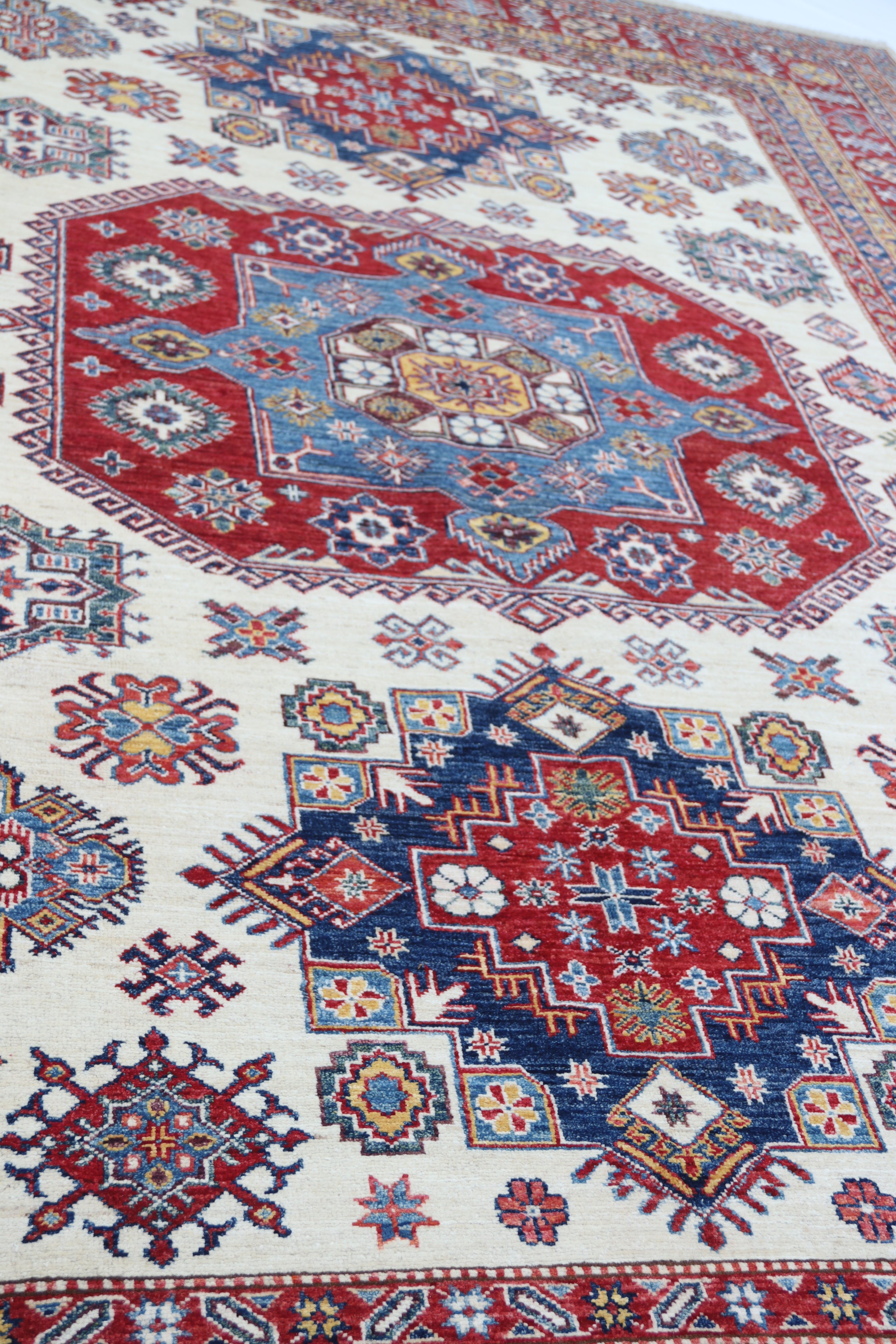 8x10 Beige Super Kazak Geometric Area Rug | Handmade Wool & Cotton Rug